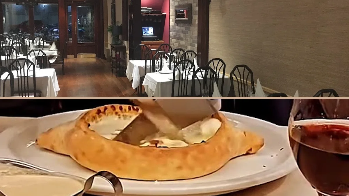 Georgian restaurant interior with warm, simple seating.